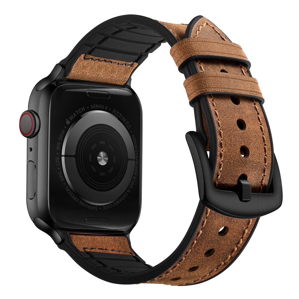 OUHENG Leather Bands Compatible with Apple Watch Band 49mm/46mm/45mm/44mm/42mm, Sweatproof Leather Rubber Hybrid Strap for iWatch Ultra 3/2/1 Series 11 10 9 8 7 6 5 4 3 2 1 SE 3/2/1, Brown/Black