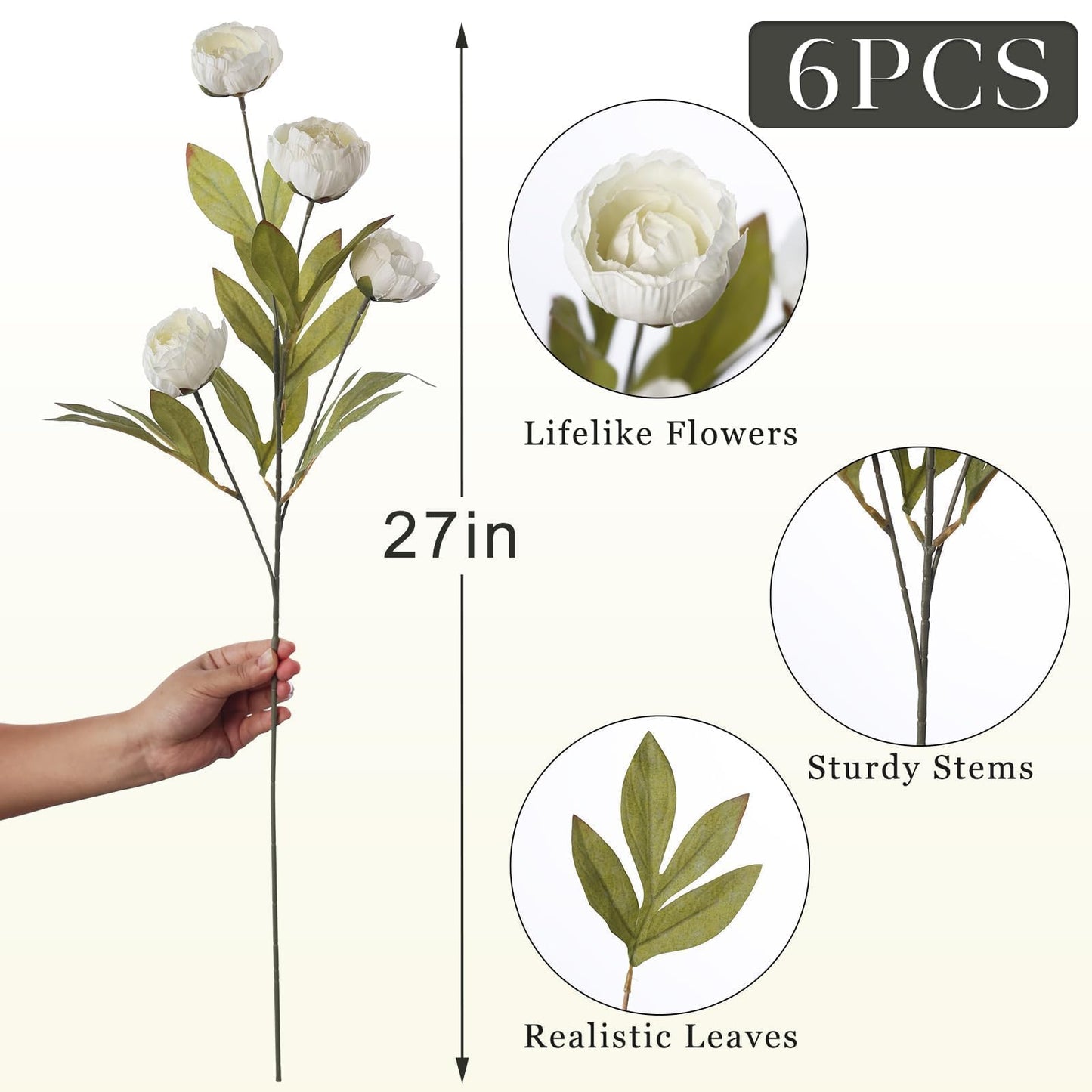 VIERENA 6 Pcs Faux Silk Peony Artificial Flowers for Vase -27", Bulk Fake Peonies Branches with Stems for DIY Bouquet Centerpieces Wedding Fillers Arrangements Shower Decorations (Cream)