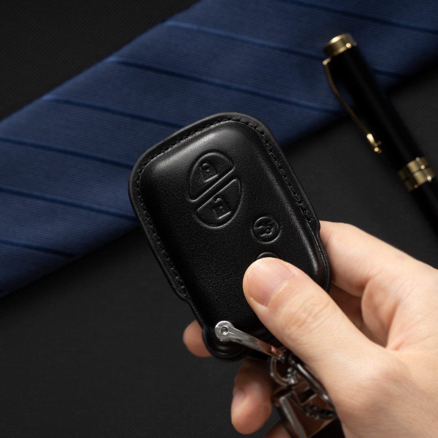 Smyfob Black Leather Keychain and car Key fob Cover Compatible with Lexus Shell Holder case Gifts Accessories ES250 ES300h ES350 IS300 IS350 NX300 RC F RC300 RC350 RX350L RX450h RX450hL
