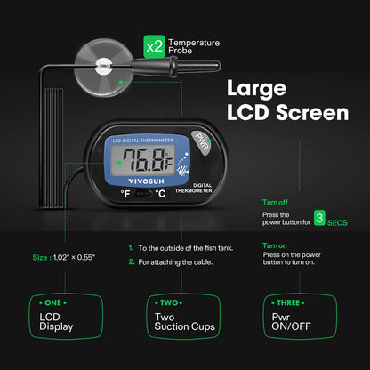 VIVOSUN 4-Pack LCD Digital Aquarium Thermometer Fish Tank Water Terrarium Temperature with Suction Cup for Turtle