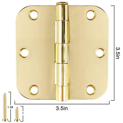 3 Pack Rounded Door Hinges 3-1/2" x 3.5 inch, 5/8 Radius, Polished Brass 3 ½ Inch Gold House Interior Hinge for Bed/Living/Guest/Pantry/Storage/Study/Work Room Doors Heavy Duty Steel Hardware Kit