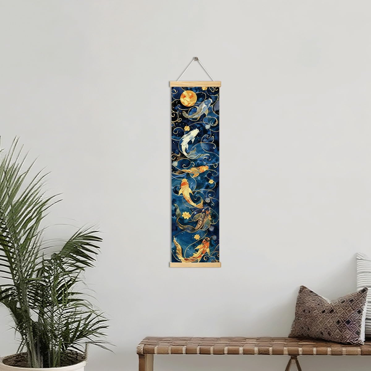 Koi Fish Porch Banner, Celestial Pond Vertical Door Banner, Moon Star Hanging Wall Decor for Front Door Entryway Bedroom Office Dorm, Housewarming Gifts
