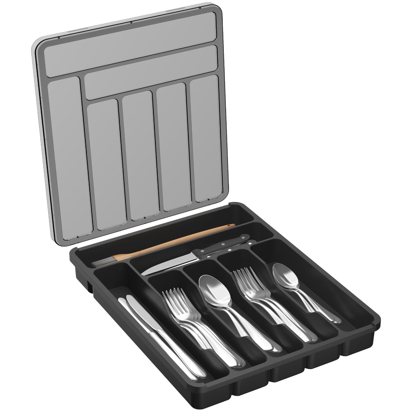 Lifewit Silverware Organizer with Lid, Covered Utensil Tray for Kitchen Drawer and Countertop, Plastic Cutlery and Flatware Storage Box for Spoons Forks Knives Holder Case, 6 Compartments, Black