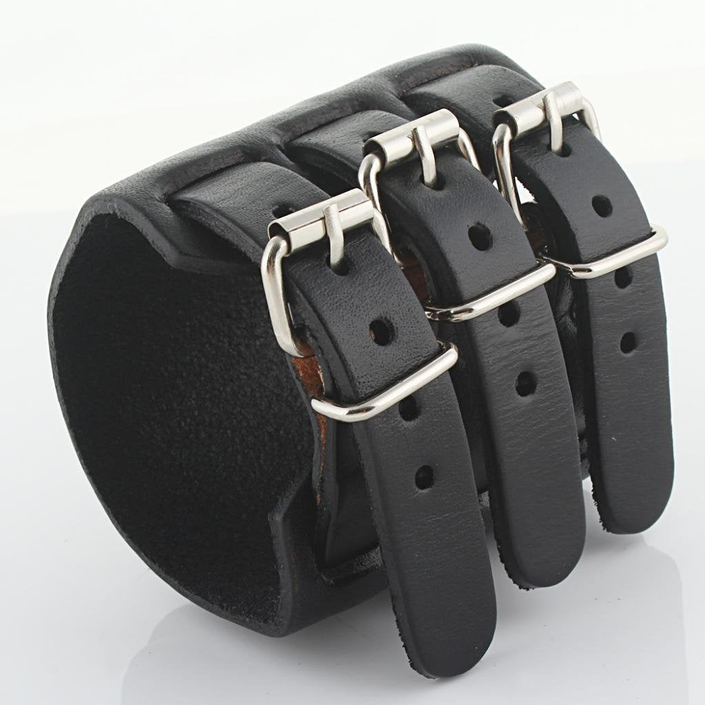 EVER FAITH 3 Layer Wide Belt Synthetic Leather Men Wristband Black Bracelet Unisex Couple
