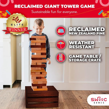 SWOOC Games - Reclaimed Giant Tower Game (Weather Resistant) 60 Blocks + Storage Crate/Outdoor Game Table | Stacks up to 5ft | Giant Outdoor Tower for Adults | Large Yard Activity | Jumbo Lawn Fun