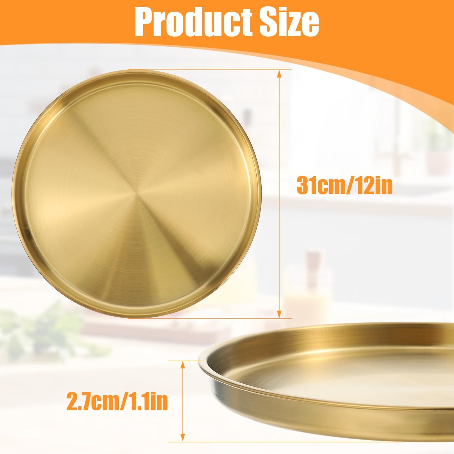 3 Pcs 12 Inch Gold Round Serving Tray, Stainless Steel Decorative Plate for Jewelry Makeup Organizer, Vanity Bathroom Coffee Table Dessert Display