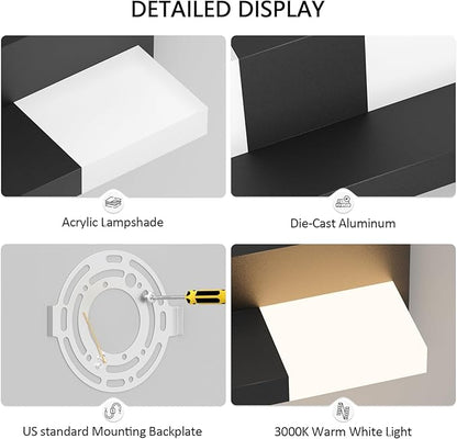 12.4 inches Modern Outdoor Led Wall Light,30W 3000K Porch & Patio Hardwired Wall Sconces with White Clear Acyrlic Lampshade,IP65 Waterproof Exterior Wall Lamp for Garage Garden(Black,2Pack)