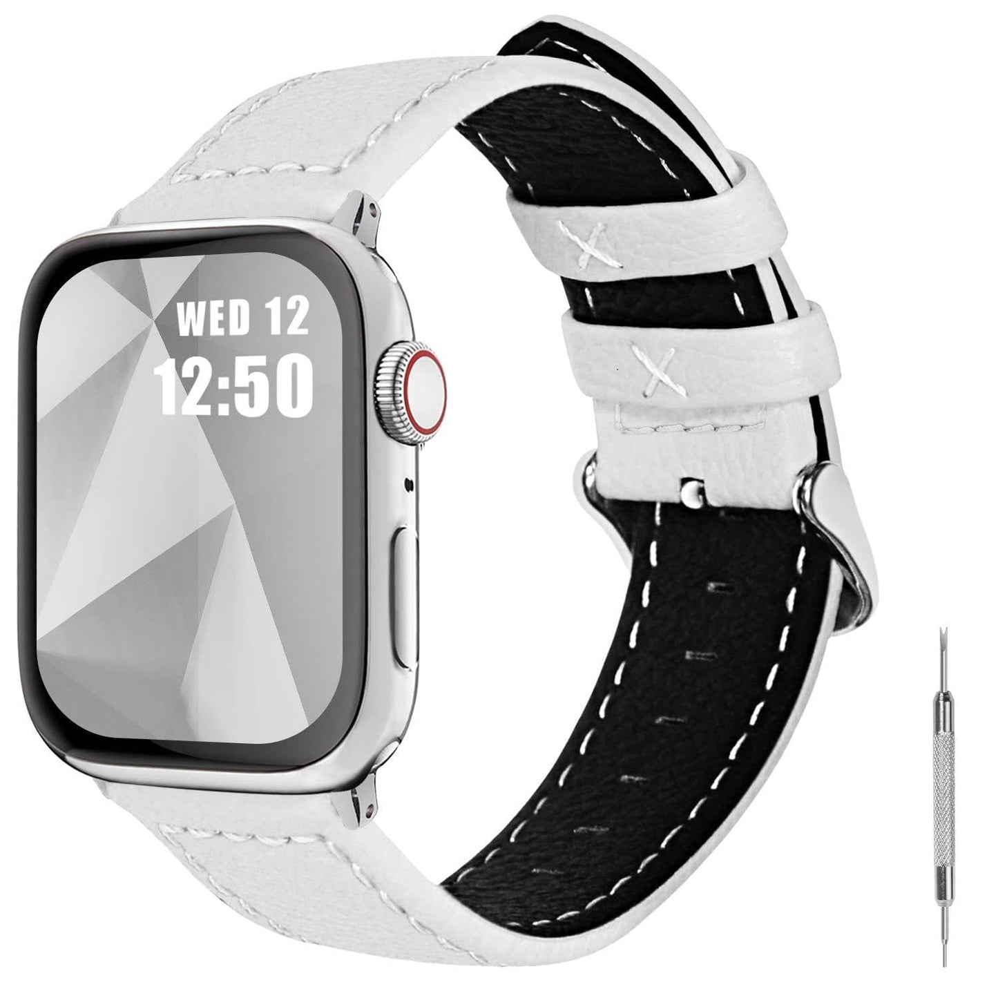 Fullmosa Compatible with Apple Watch Band Leather 49mm 46mm 45mm 44mm 42mm 41mm 40mm 38mm for iWatch Series 11/10/9/8/7/6/5/4/3/2/1, Ultra3/2/1, SE3/2/1, White + silver buckle