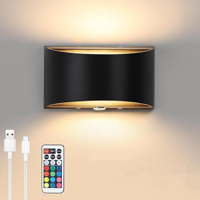 Lightess Rechargeable Wall Sconce, 13 RGB Colors Battery Operated Wall Sconces with Remote & Touch Control, Cordless Wall Lamp Black, Stick On Wall Lights for Bedroom