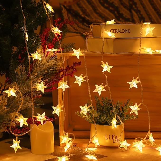 Star String Lights 17 ft 50 LED Battery Operated, Fairy Lights for Bedroom, String Lights for Kids Bedroom Wedding Mantel Patio Christmas Holiday Dorm Decor, Warm White