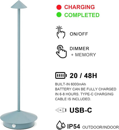 2-Pack 6000mAh Rechargeable Led Table Lamp Cordless,3000K-6000K Stepless Dimming Touch Lamps with Memory Function,IP54 Waterproof Aluminum Table Light for Outdoor/Bars/Restaurant/Patio(Blue)