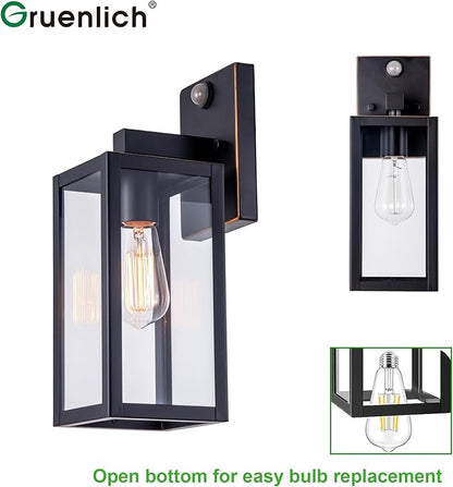 GRUENLICH Dusk to Dawn Large Outdoor Wall Lantern, PIR Motion Sensor Wall Sconce, E26 Base Max 60W, Metal Housing Plus Glass, Oil Rubbed Bronze Finish, Bulb Not Included, 2-Pack