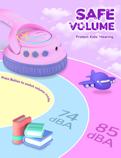 iClever Kids Bluetooth Headphones with LED Lights, BTH18 Safe Volume 74/85dBA, 43H Playtime, Bluetooth5.3 Kids Headphones Wireless Aux Cord for iPad/Tablet/Travel/School, Pink/Blue