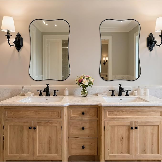 ANDY STAR 24x36 Inch Black Bathroom Mirror, Modern Scalloped Black Mirror with Unique Notched Edges Design in1 Inch Stainless Steel Frame Wall Mounted Horizontal/Vertical for Home Decor