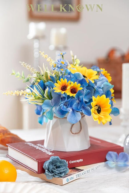 WELL KNOWN Small Fake Flowers in Plastic Vase 7" Centerpieces Coffee Table Decor, Silk Sunflower Arrangement for Home Decor Artificial Flower Bouquet for Dining Room Kitchen Wedding Summer Yellow Blue