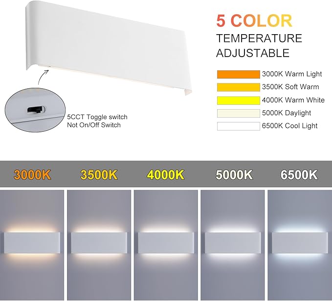 15"Modern LED vanity light,20W Dimmable 5 CCT (3000K-6500K) Adjustable Wall Lamp,Up and Down Wall Lighting,Indoor Wall Sconce for Bedroom,Staircase,Hallway,Dressing Table,2 Pack（White）