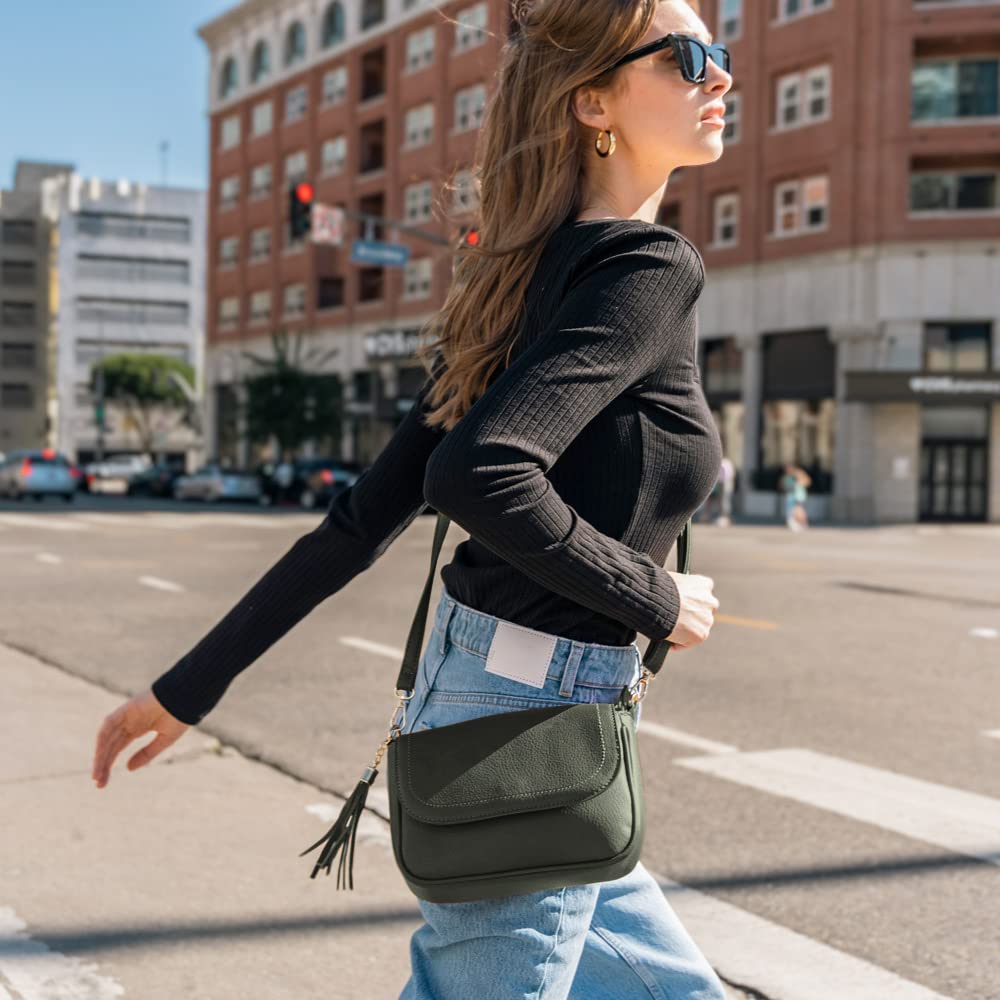 EVVE Small Crossbody Bag for Women Trendy Vegan Leather Flap Saddle Purses with Adjustable Shoulder Strap - Dark Green