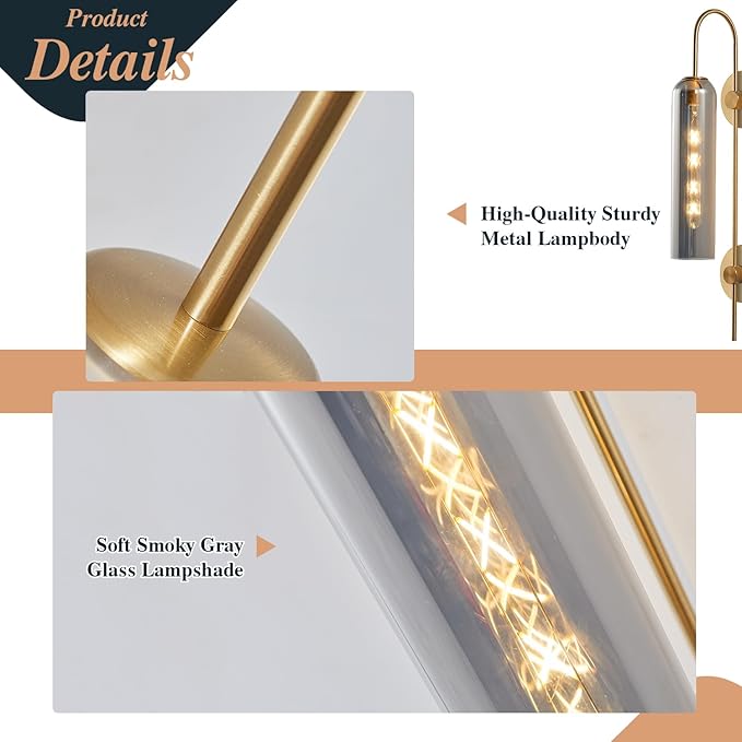 BOKT Mid Century Modern Brass Gold Plug in Wall Light Lamp 1 Light Indoor Smoke Gray Glass Wall Sconce Lighting Single Vintage Wall Mounted Bedroom Lights Plug in Sconces Wall Lighting (Smoke Gray)