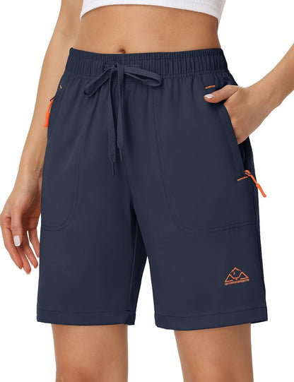 Rdruko Women's Hiking Shorts 8" Quick Dry Lightweight Water Resistant Outdoor Travel Shorts with Pockets, Navy Blue, L