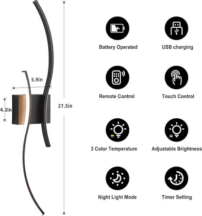 Battery Operated Wall Sconces Set of Two with Remote Control, Stepless Colors 3000K-6000K & Dimming, LED Black Wireless Wall Light for Living Room, Hallway, Bedroom, 27.5 Inch (2 Pack)