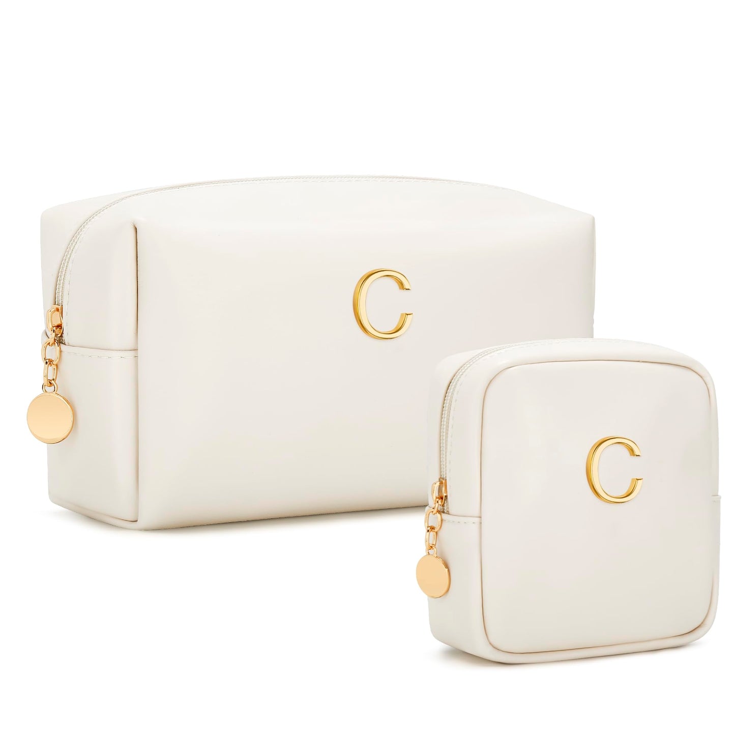 CLOUDWINGS Personalized Birthday Gifts for Women - Initial Makeup Bag Set Travel Toiletry Bag Cosmetic Bags Soft Waterproof PU Leather Makeup Pouch Travel Essentials (C, 2pcs Beige)
