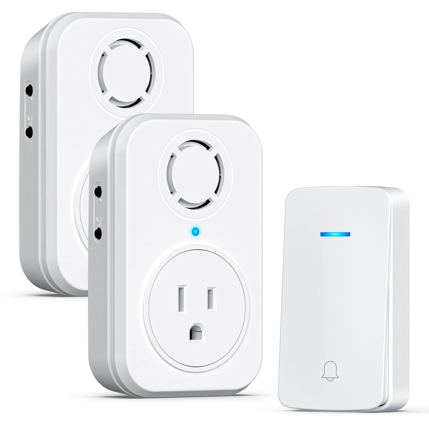 AIDA Wireless Doorbell, Self-powered Doorbell with Extra Socket, No Battery Required Push Button, Cordless Door Bell Ringer, 5 Volume Levels with 32 Doorbell Chimes (White, 2 Button & 1 Receiver)