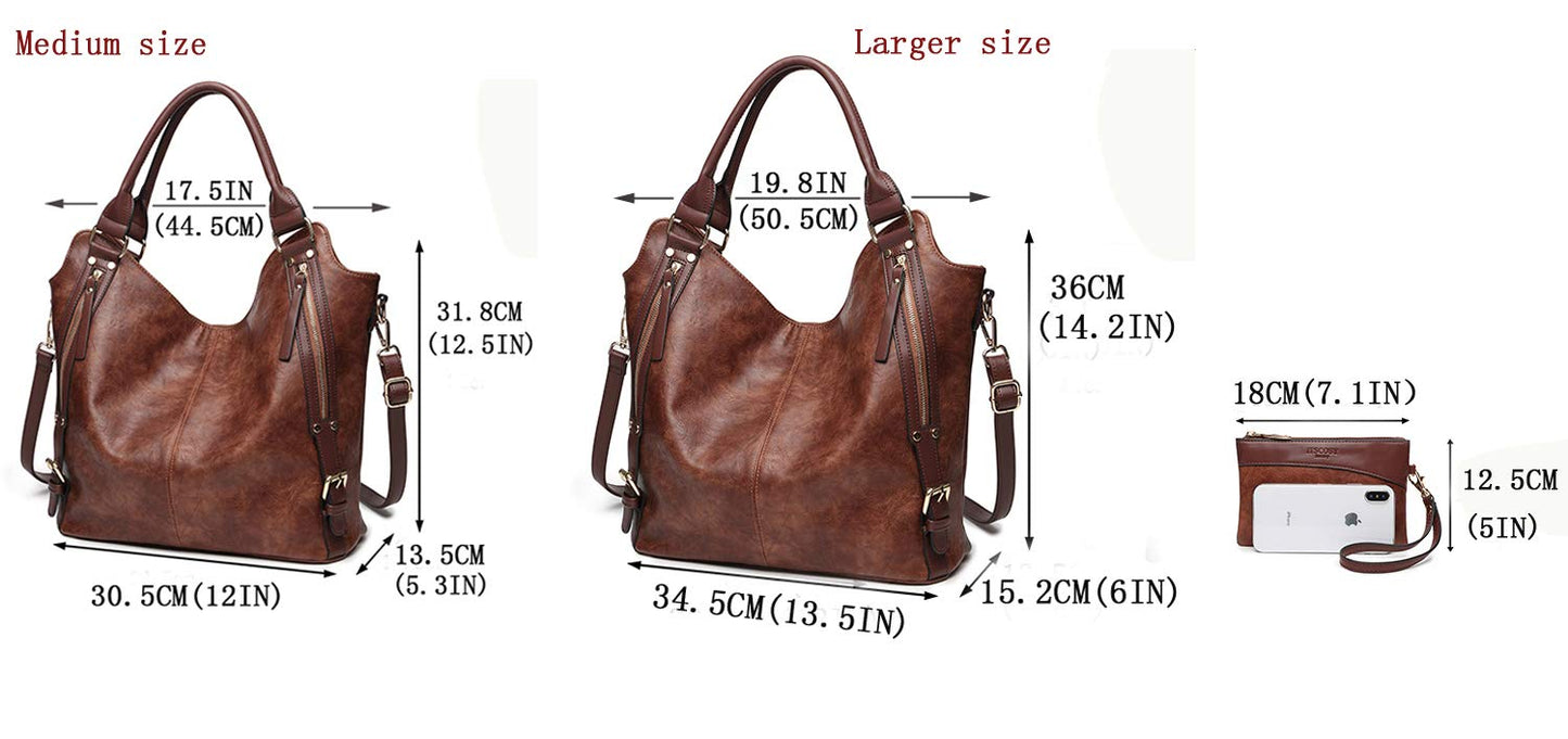 Women Tote Bag Handbags PU Leather Fashion Hobo Shoulder Bags with Adjustable Shoulder Strap (Brown, L)