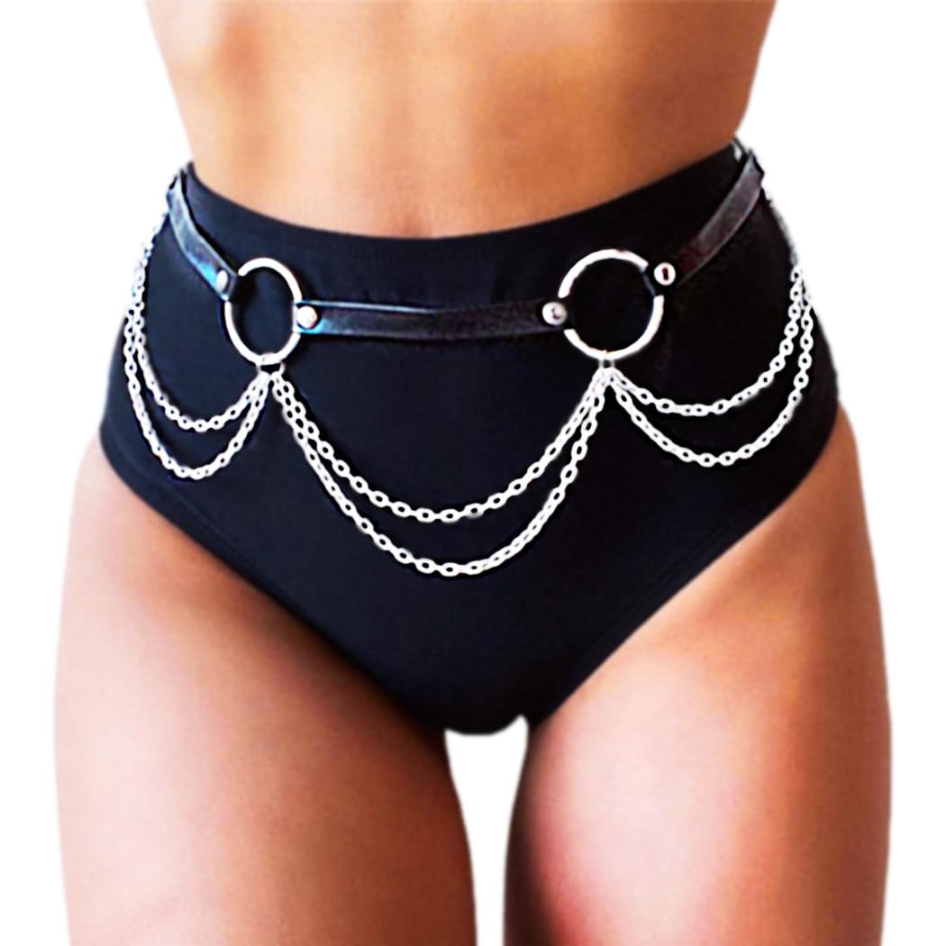 REETAN Goth Waist Chain Belt Black Leather Rave Punk Body Accessories for Women