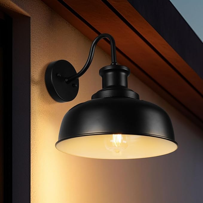 Solar Barn Lights for Outside, Gooseneck Outdoor Wall Lights Solar Powered, Farmhouse Exterior Wall Sconces, Industrial Exterior Lighting Fixture, Rustic Lantern for Garage, Barn, Shed,RZSR007-2