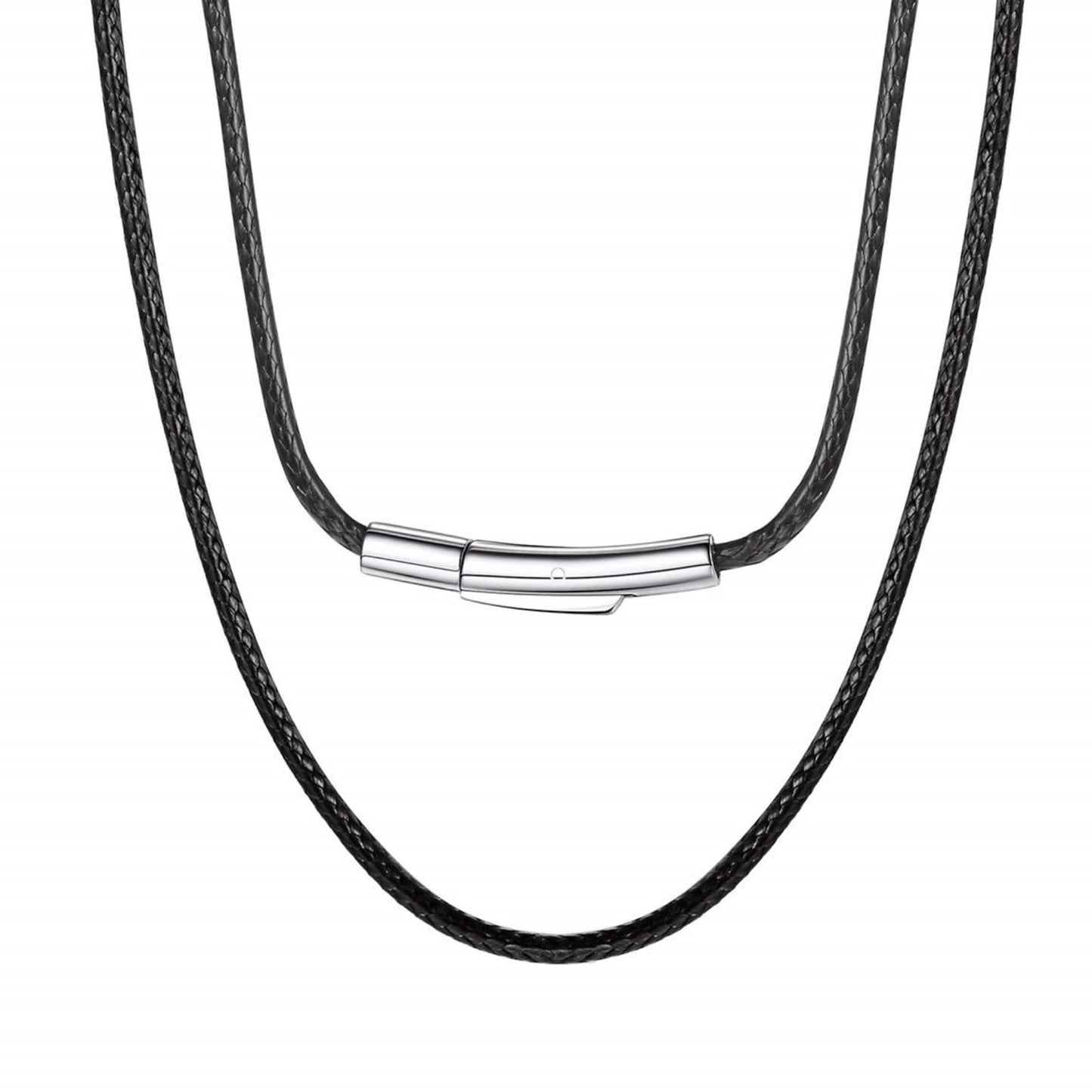 2mm Black Waterproof Braided Leather Cord Necklace with Durable Stainless Steel Snap Clasp Men Women Woven Wax String Rope Chain for DIY Pendant Length 18"