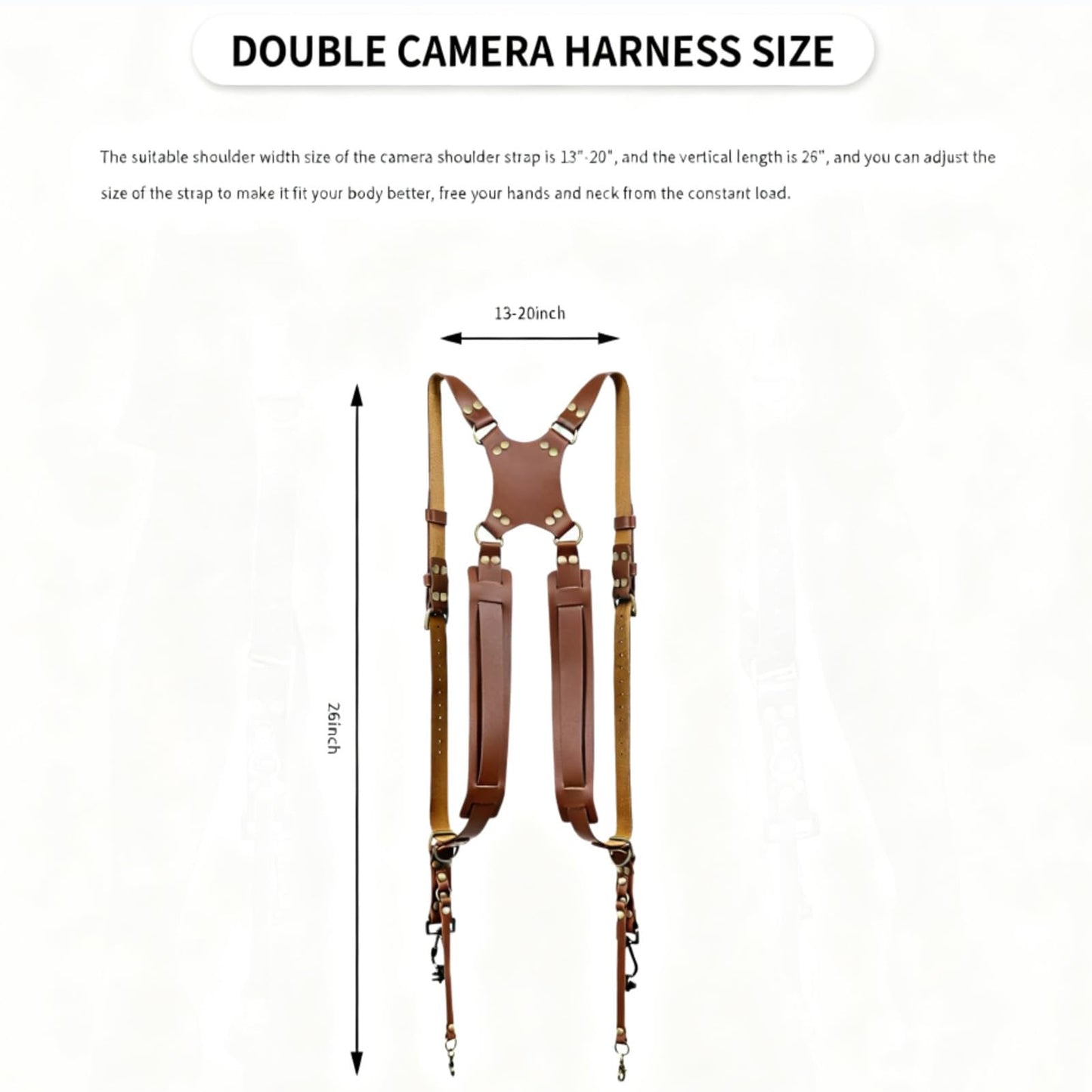 MEKOTRIN Dual Camera Harness & Leather Shoulder Strap Comfortable Carry for Two Cameras, Ideal for Hiking, Weddings and Travel, Adjustable 1/4" Standard Screw Compatibility (Shoulder Width: 13"-20")