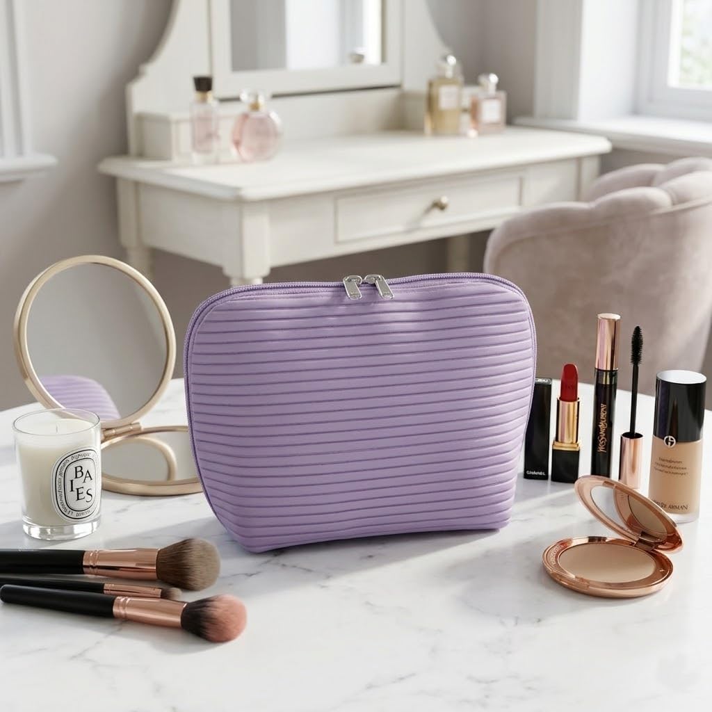 Tense Edano Travel Makeup Bag for Women, Waterproof Stand Up Cosmetic Bag with Brush Holders, Organizer Bag with Compartments, Fold-Down Design for Skincare, Toiletries & Essentials (Purple, Medium)