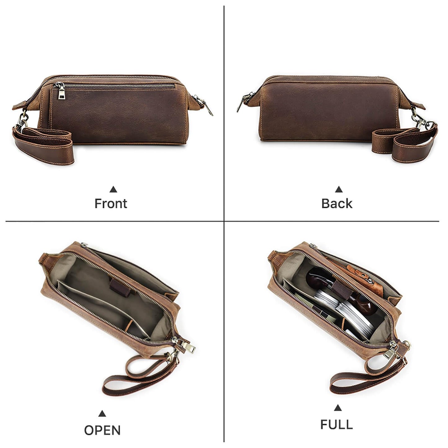Hiram Handcrafted Travel Pipe Tobacco Pouch Pipe Support Stand Full Grain Leather Smoking Pipe Accessories Organizer for 2 Pipes,Lighters,Cigarette Accessories（only pouch case）