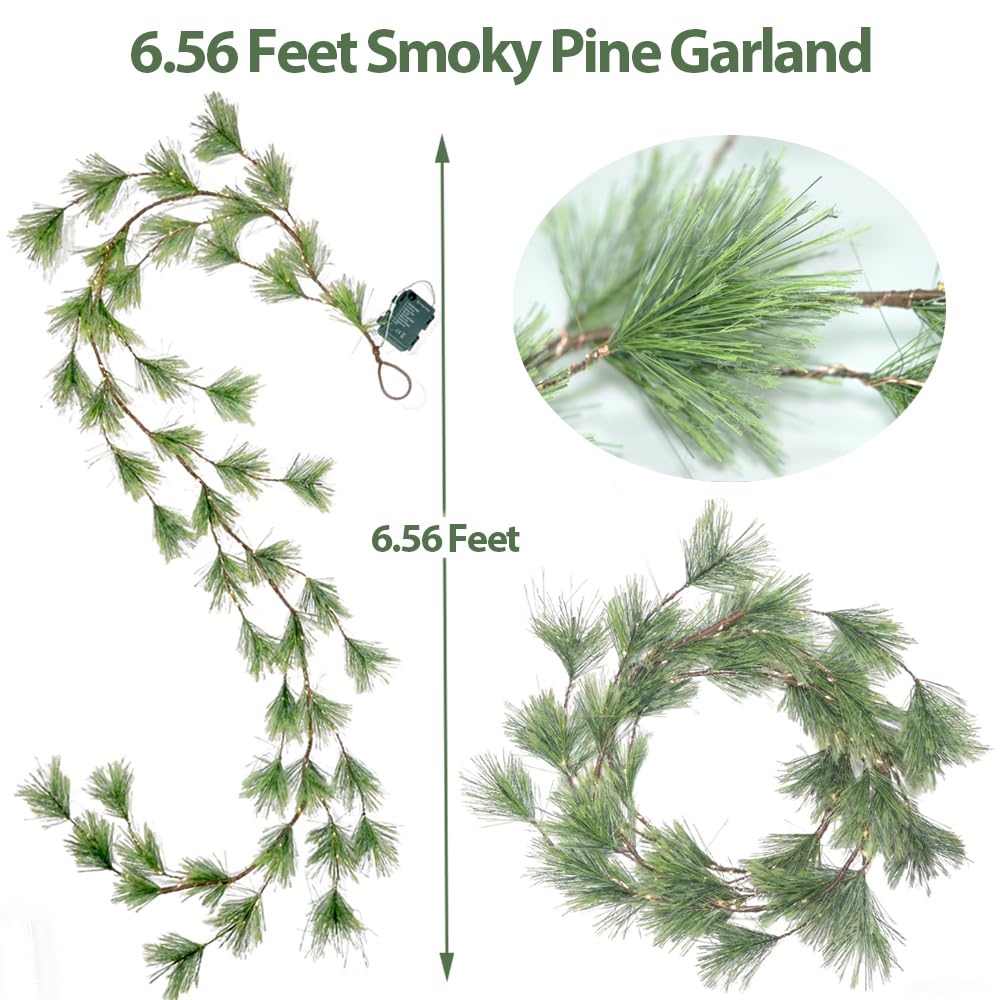 2025 New 6.56FT Christmas Pine Garland Lights 96 Warm White LED Lights 8 Flash Modes Battery Operated with Timer Lighted Smoky Pine Garland for Mantle Fireplace Indoor Home Christmas Decoration