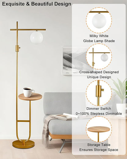 Lightdot 66IN Gold Dimmable Floor Lamps with Storage Table, Modern Standing Tall Lamp with Milky White Globe Lampshade, Cross-Shaped Lamp Head and U-Pole Base Style for Living Room/Bedroom/Office