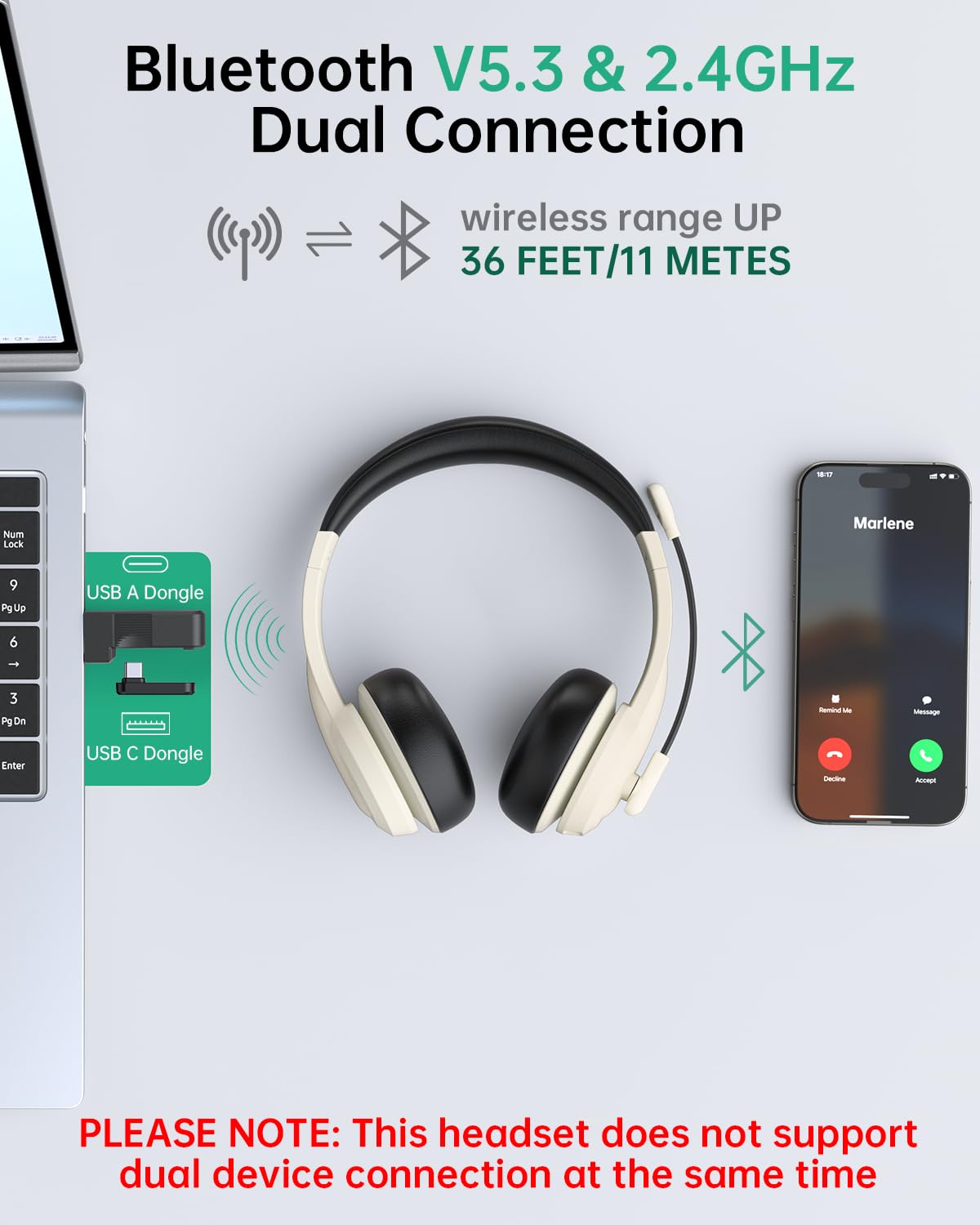 Wireless Headset with Mic for Work with AI Noise Cancelling Mic for Clear Calls, Bluetooth V5.3 Headphones with Microphone to USB A/C Dongle & Mic Mute for Computer Laptop PC iPhone (Apricot Black)