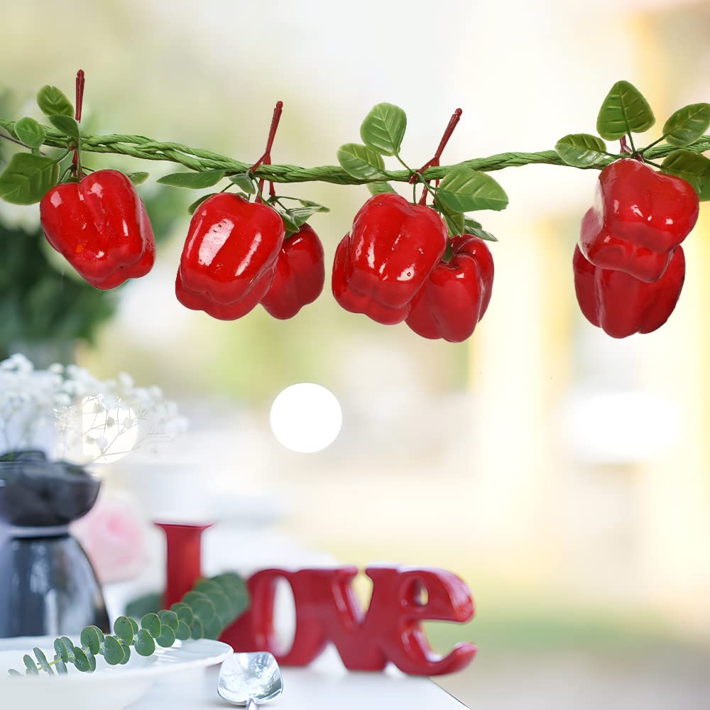VIOCIWUO Artificial Hanging Bell Pepper String 2Pcs, Simulated Lifelike Hot Chili Vegetable Fruit Garland Vine for Home Kitchen Fruit Shop Supermarket Farm Party Wall Decoration