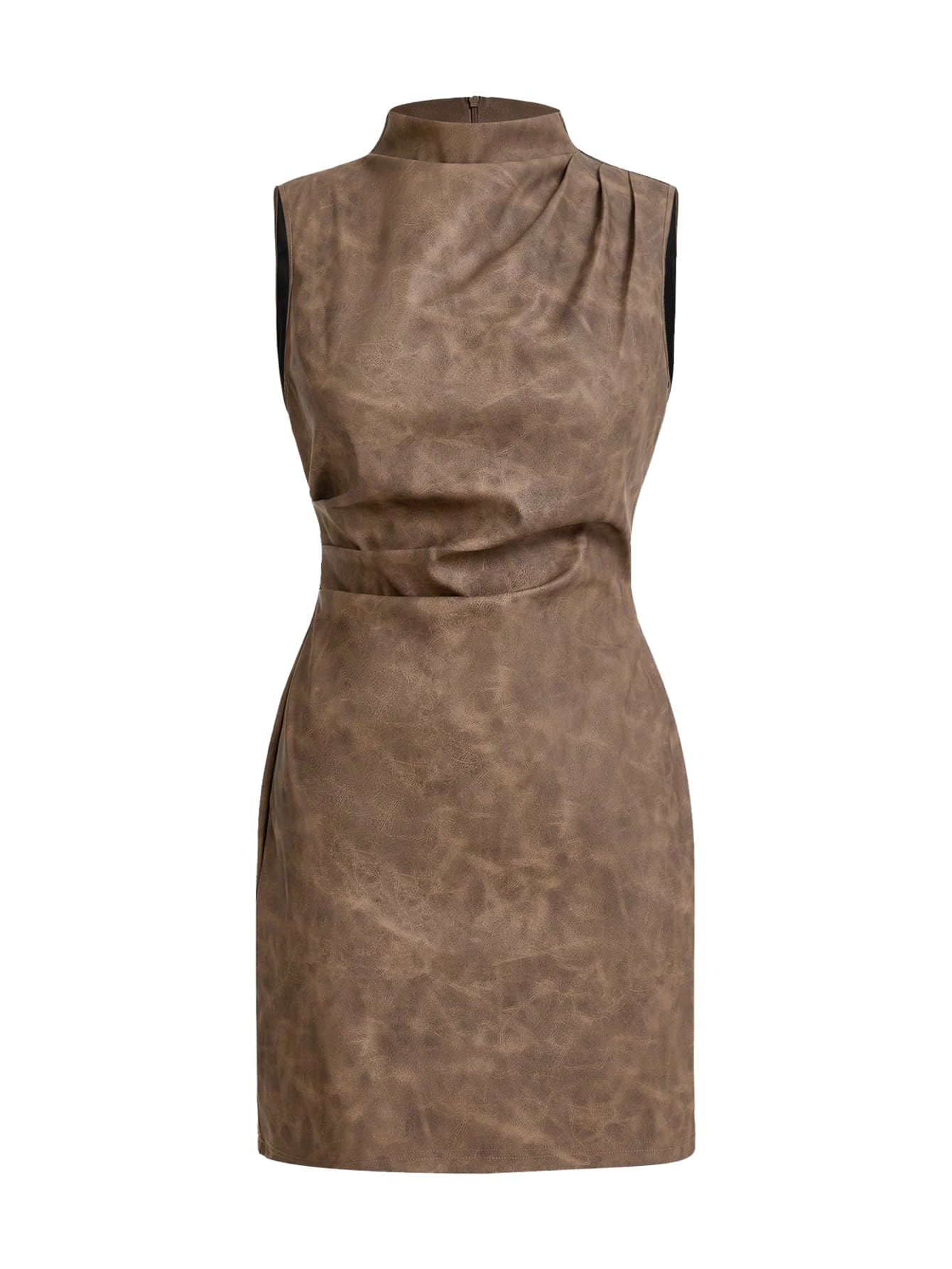 RoseSeek Women's PU Leather Ruched Bodycon Dresses Mock Neck Sleeveless Zipper Mini Tank Dress Mocha Brown Large