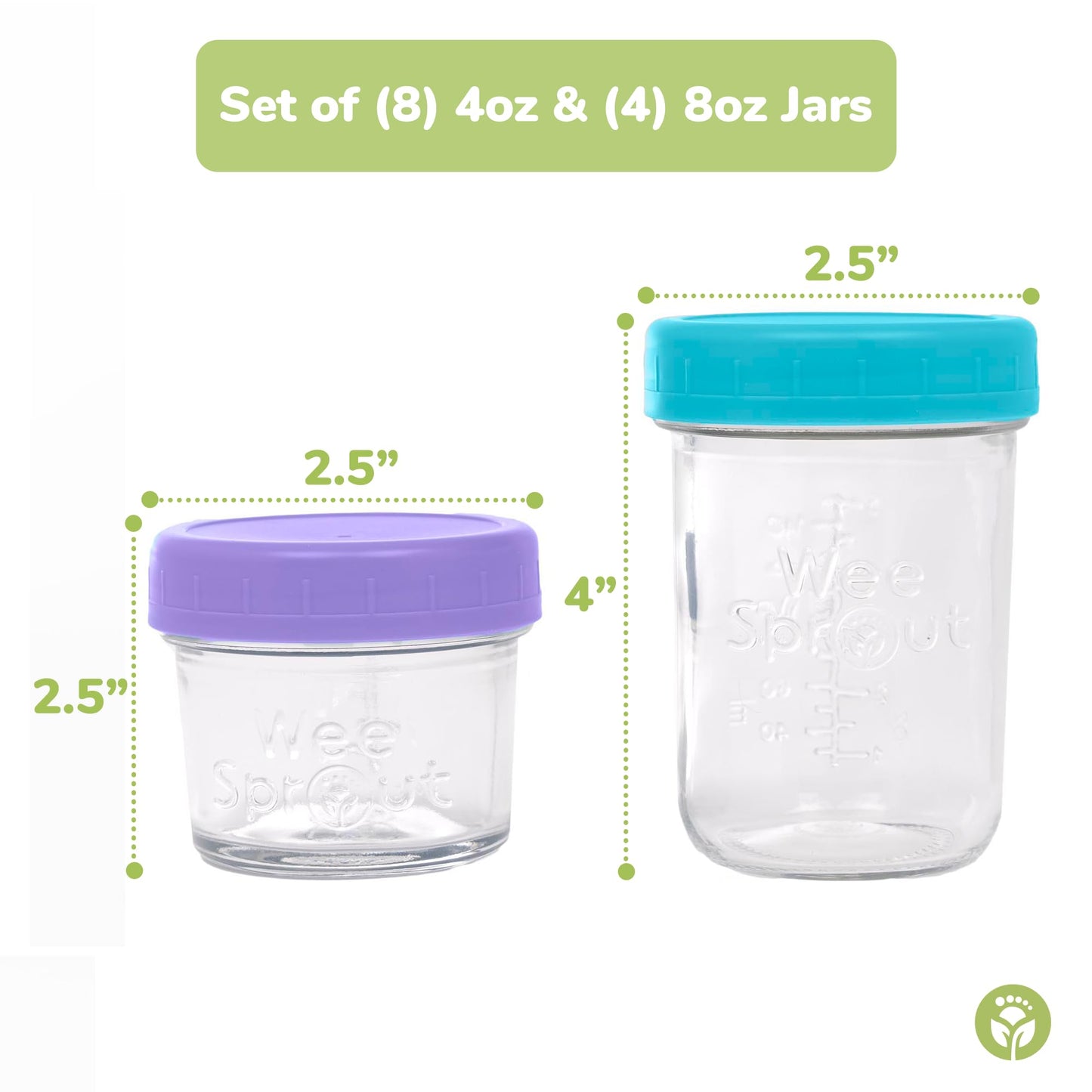 WeeSprout Glass Baby Food Storage Jars - 12 Set, 4 oz/8 oz Baby Food Jars, Plastic Lids, Freezer Storage, Reusable Small Glass Baby Food Containers, Microwave & Dishwasher Safe, for Infant & Baby Food