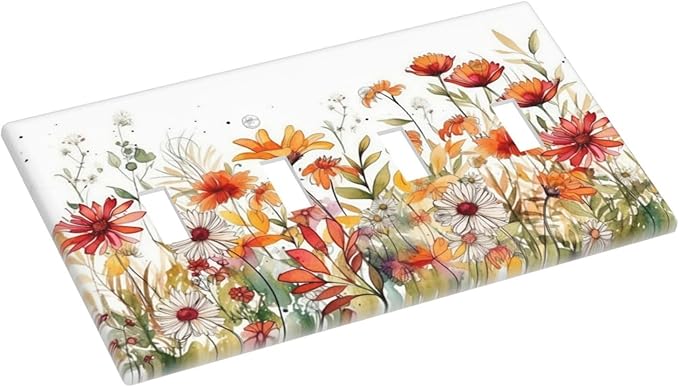 Watercolor Wild Flower Floral 4 Gang Decorative light switch plate Quad Toggle Wall Plate Covers Switchplate Electrical Faceplate for Nursery Bedroom Bathroom Decor