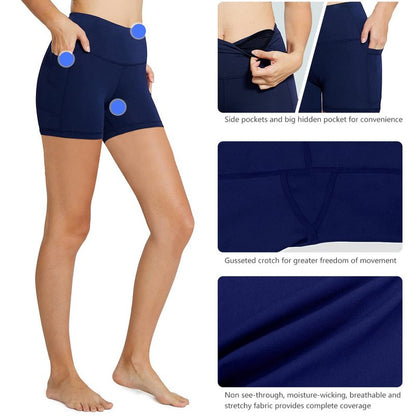 baleaf Workout Shorts Women 5" Biker Yoga Gym Spandex Running Volleyball Compression Tummy Control Short with Pockets Navy Blue XL