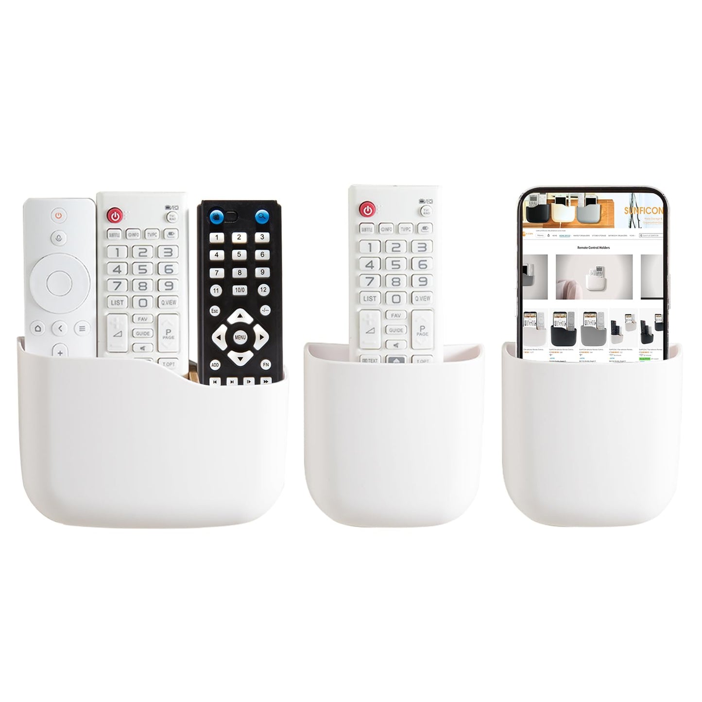 Remote Holder Wall Mount TV FAN Remote Control Holder Bedside Caddy Wall Organizer Phone Holder for Office Adhesive Media Player Controller Holder Box Tray Home Desk Nightstand 1 BIG 2 SMALL WHITE