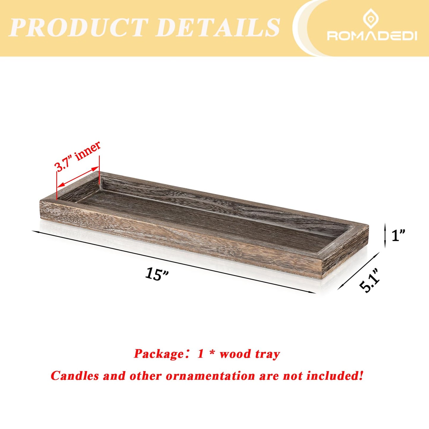 Romadedi Rustic Decorative Wood Candle Tray - 15" Wooden Long Narrow Tray Candle Holder, Farmhouse Small Trays for Coffee Table Centerpieces Dining Room Kitchen Countertop Home Decor, Brown
