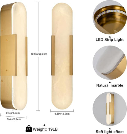 Alabaster Wall Sconces Set of 2,19.7'' Brass Wall Sconce Natural Marble Wall Sconce for Bathroom, Indoor Modern Wall Light Fixtures for Living Room Hallway Stairs Vanity Bedside, Gold