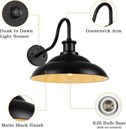 Dusk to Dawn Outdoor Gooseneck Barn Light Fixtures, 16 Inch Dome Large Wall Sconce Farmhouse Exterior Wall Mount Light for House Garage Patio Doorway