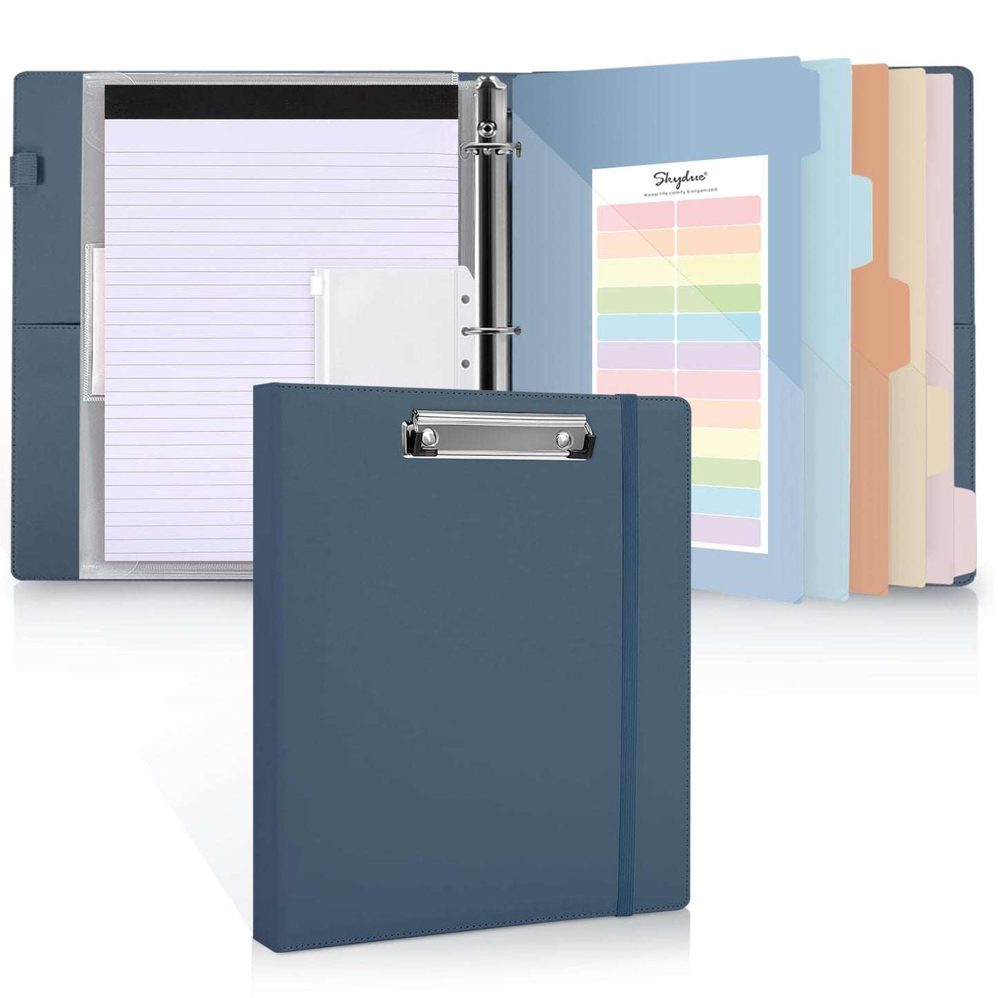 SKYDUE 3 Ring Binder with Clipboard, 13.2" × 10.2" Faux Leather 1 Inch Binder Organizer with 5 Pocket Dividers, Notepad, Labels & 2 Storage Pockets for Teachers, Students, Nurses & Office Work