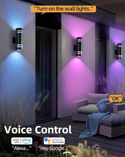 KIZON Smart Dusk to Dawn Outdoor Lighting RGB Color Changing Porch Lights 2 Pack, Cylinder Modern Outdoor Wall Lights Waterproof Exterior Light Fixture Wall Mount Up Down Lights with Remote Control