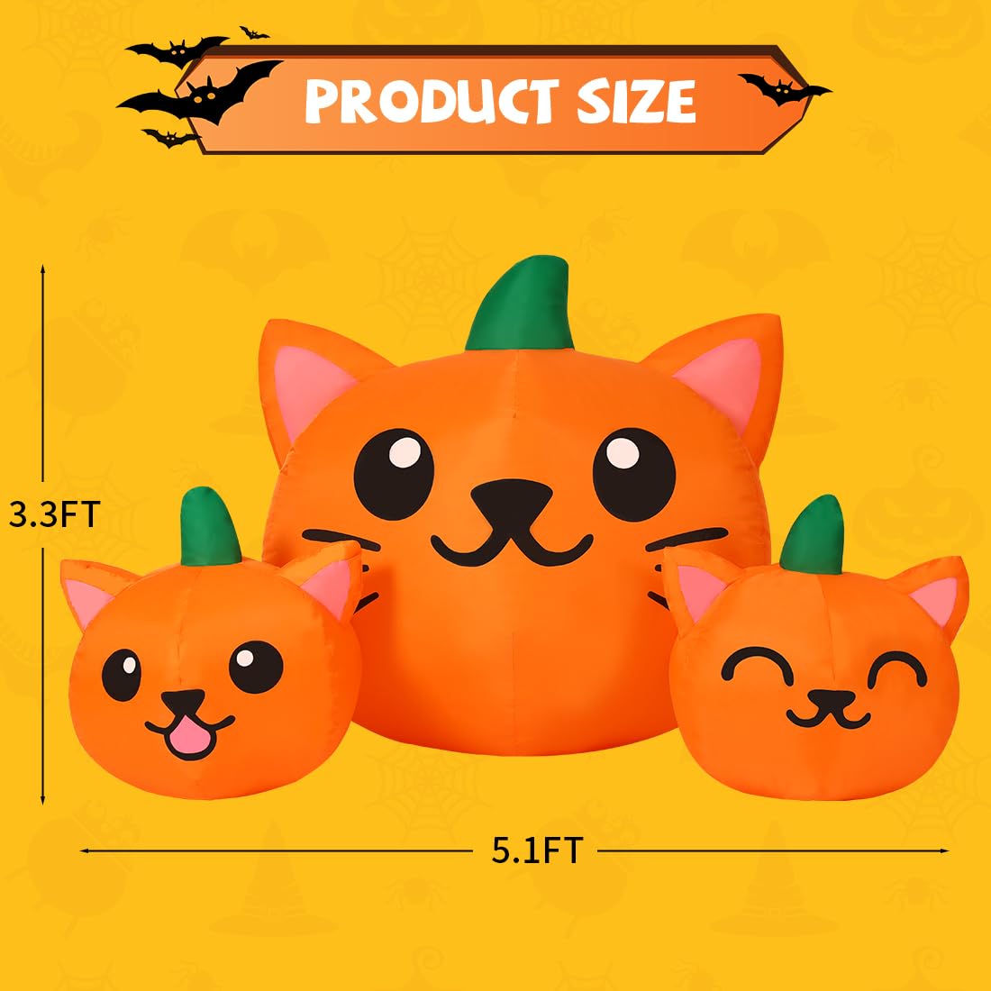 COMIN Halloween Inflatable 5FT Long Three Pumpkin Cat Head Combo with Built-in LEDs, Blow Up Yard Decoration for Holiday Party Indoor, Outdoor, Yard, Garden, Lawn