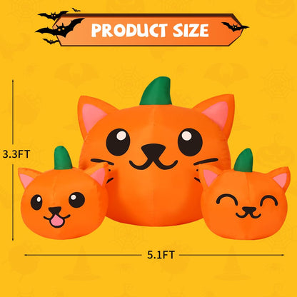 COMIN Halloween Inflatable 5FT Long Three Pumpkin Cat Head Combo with Built-in LEDs, Blow Up Yard Decoration for Holiday Party Indoor, Outdoor, Yard, Garden, Lawn