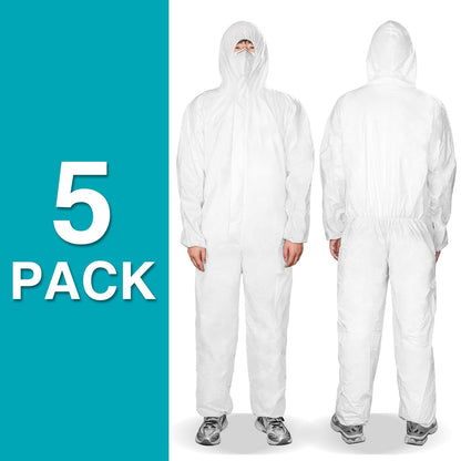FURWEY Hazmat Suits 5 Pack Disposable Protective Coveralls, Heavy Duty Full Body Painters Suit for Men & Women with Elastic Wrists, Ankles and Hood, Available in 5 sizes-Large